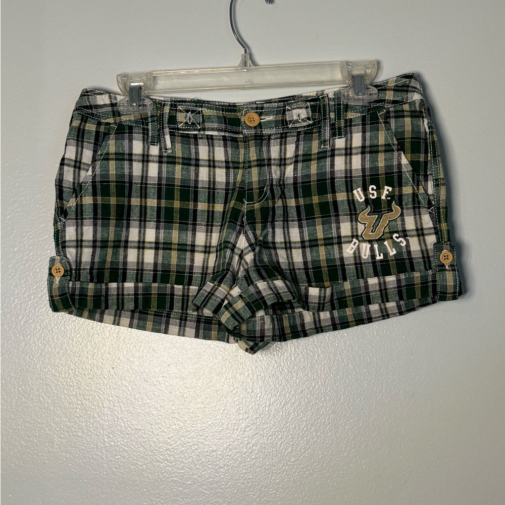 Green and White Plaid USF Bulls Linen Shorts